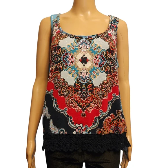 Bila Boho Paisley Print Tank Top with Crochet Hem Size M - Picture 1 of 11